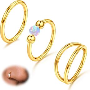 3pcs Nose Rings Hoops - 316L Surgical Steel Double Hoop Nose Ring for Women 14K Gold Opal Nose Ring 18G/20G Hinged Nose Piercings Jewelry Septum Rings Cartilage Earring Helix Rook Tragus Daith 8mm
