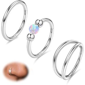 3pcs Nose Rings Hoops - 316L Surgical Steel Double Hoop Nose Ring for Women 14K Gold Opal Nose Ring 18G/20G Hinged Nose Piercings Jewelry Septum Rings Cartilage Earring Helix Rook Tragus Daith 8mm