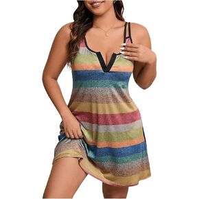Women's Plus Size V Neck Color Block Striped Nightgown Spaghetti Strap Sleep Dress