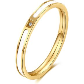 White Enamel and Cubic Zirconia Solitaire Rings for Women Men, 14k Gold Plated Titanium Minimalist Stackable Band Ring