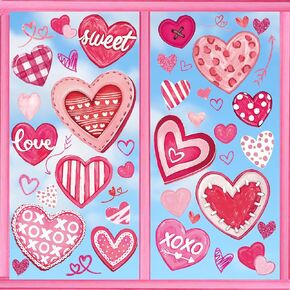 AnyDesign Valentine's Day Window Clings Pink Love Heart Window Stickers Double-Side Glass Decals for Wedding Anniversary Party Supplies, 7.9 x 11.8 Inch, 9 Sheets