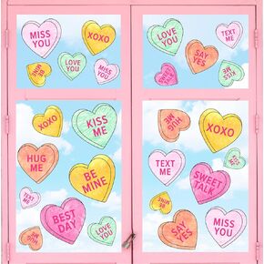 Whaline 9 Sheet Valentine's Day Window Clings Candy Color Conversation Heart Reusable Window Decals for Home Office School Wedding Party Supplies, 7.8 x 11.8 Inch