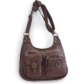 SAGEFINDS Washed Faux Leather Crossbody Shoulder Bag, Soft and Lightweight Purse for Women, Brown Handbag with Multiple Pockets