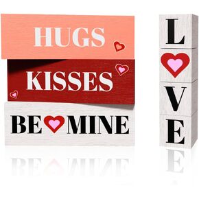 Valentines Day Decorations 7 Pcs Wooden Block Set with Love Sign Valentines Tiered Tray Decor for Home Table Kitchen Weeding Party