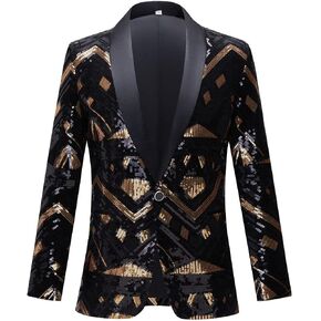 Men's Sequins Blazer Black with Gold Shawl Lapel One Button Separate Jacket for Prom