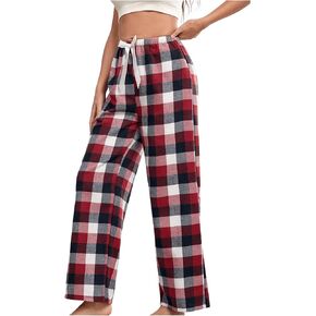 MakeMeChic Women's Plaid Print Lounge Pants Knot Front Elastic Waist Wide Leg Pajama Bottom