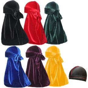 Velvet Durags for Men Wave Cap 6 Pieces Premium Do Rags Set for Men Women with Long Tail and Wide Strap
