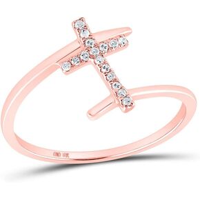 Solid 10K Rose Gold Real Natural Diamond Bypass Cross Ring for Women 1/12 Carat (.07 Cttw)