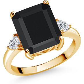 18K Yellow Gold Plated Silver Black Onyx and Lab Grown Diamond 3-Stone Engagement Ring For Women | 6.05 Cttw | Octagon 12X10MM | Gemstone December Birthstone | Available in Size 5,6,7,8,9