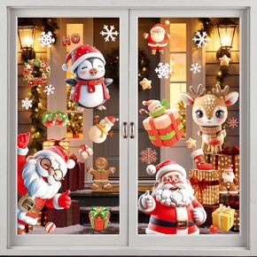 Christmas Window Clings Decorations for Glass Windows, 3D Christmas Window Stickers Decals Decorations Indoor, Christmas Decor Reindeer Santa Claus Snowflakes Xmas Party & Holiday Decorations
