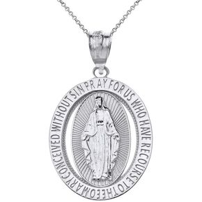 Sterling Silver Saint Mary Pray for Us Oval Charm Pendant Necklace