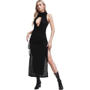 Women's Gothic Long Split Sheer Dress, Mock Neck Sleeveless Criss-Cross Hooded Dress, Club Rave Party Festival Outfits
