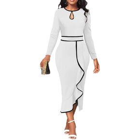 Church Dress for Women Bodycon Long Sleeve Wrap Ruched Business Work Pencil Split Sheath Midi Dresses