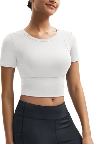 MAGCOMSEN Women's Crop Workout Tops Yoga Short Sleeve Athletic Shirts Cropped Slim Fit Gym Clothes Tight Tshirt Exercise in Kuwait