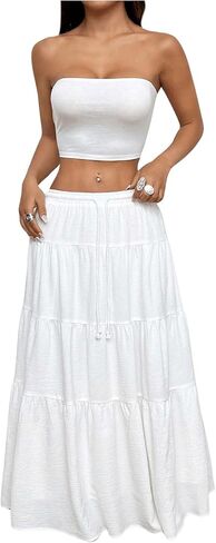 Floerns Women's Two Piece Outfits Strapless Bandeau Tiered Ruffle Flared Maxi Skirts Set in Saudi Arabia