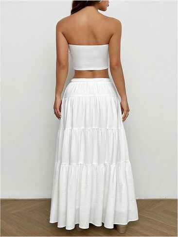 Floerns Women's Two Piece Outfits Strapless Bandeau Tiered Ruffle Flared Maxi Skirts Set in Saudi Arabia