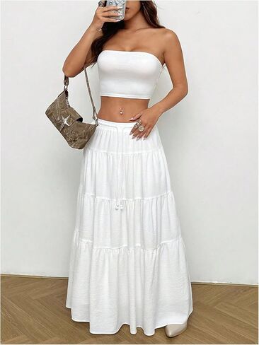Floerns Women's Two Piece Outfits Strapless Bandeau Tiered Ruffle Flared Maxi Skirts Set in Saudi Arabia