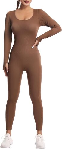 Women's Seamless Ribbed Jumpsuit – Tummy Control, High Stretch Bodysuit, Stylish Square Neck, Non-See-Through in Saudi Arabia