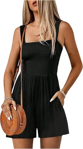 MakeMeChic Women's Shirred Wide Strap Tank Romper Sleeveless Slant Pocket Jumpsuit in Saudi Arabia