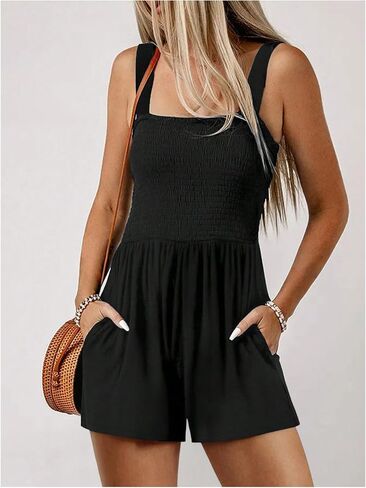MakeMeChic Women's Shirred Wide Strap Tank Romper Sleeveless Slant Pocket Jumpsuit in Saudi Arabia