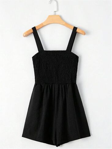 MakeMeChic Women's Shirred Wide Strap Tank Romper Sleeveless Slant Pocket Jumpsuit in Saudi Arabia