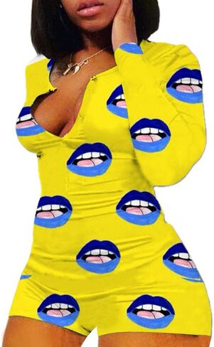 Women 's V-Neck Bodysuit Jumpsuits Print Short Onesies Stretch Long Sleeve Pajama Romper (Fluorescent Yellow-Blue Lip, L) in Saudi Arabia