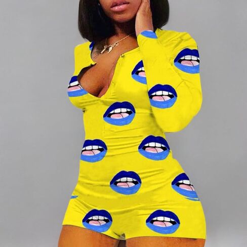 Women 's V-Neck Bodysuit Jumpsuits Print Short Onesies Stretch Long Sleeve Pajama Romper (Fluorescent Yellow-Blue Lip, L) in Saudi Arabia