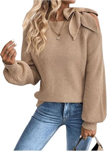 GORGLITTER Women's Bow Sweater Cut Out Tie Shoulder Long Sleeve Knit Pullover Tops Fall Fashion in Saudi Arabia