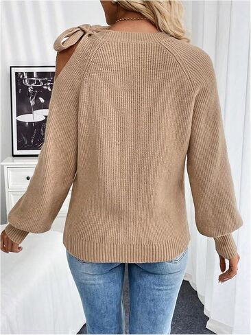 GORGLITTER Women's Bow Sweater Cut Out Tie Shoulder Long Sleeve Knit Pullover Tops Fall Fashion in Saudi Arabia