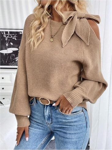 GORGLITTER Women's Bow Sweater Cut Out Tie Shoulder Long Sleeve Knit Pullover Tops Fall Fashion in Saudi Arabia