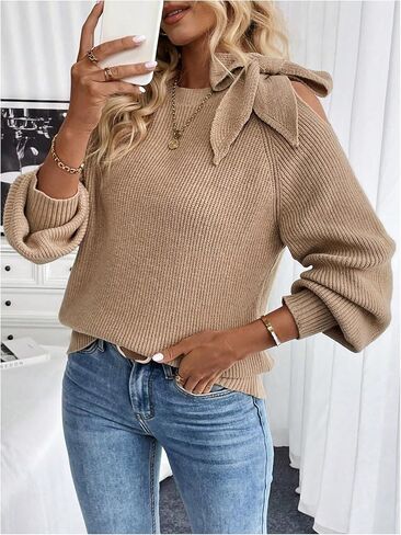GORGLITTER Women's Bow Sweater Cut Out Tie Shoulder Long Sleeve Knit Pullover Tops Fall Fashion in Saudi Arabia