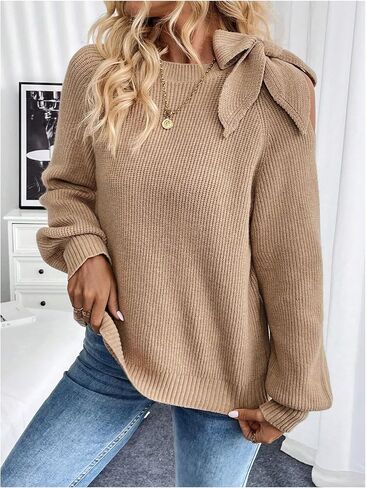 GORGLITTER Women's Bow Sweater Cut Out Tie Shoulder Long Sleeve Knit Pullover Tops Fall Fashion in Saudi Arabia