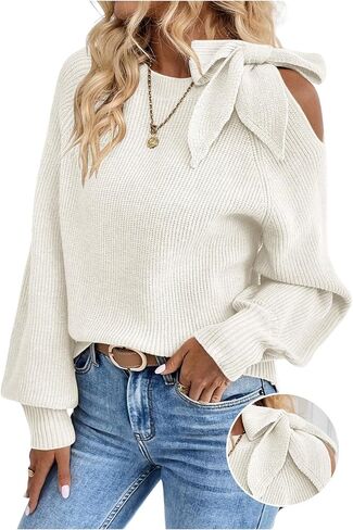GORGLITTER Women's Bow Sweater Cut Out Tie Shoulder Long Sleeve Knit Pullover Tops Fall Fashion in Saudi Arabia