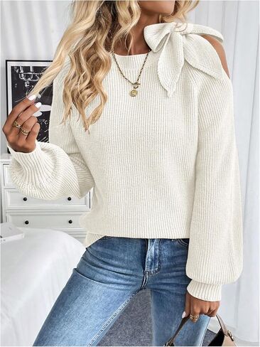 GORGLITTER Women's Bow Sweater Cut Out Tie Shoulder Long Sleeve Knit Pullover Tops Fall Fashion in Saudi Arabia