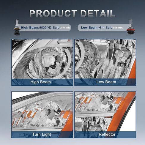 استبدال مجموعة المصابيح الأمامية متوافق مع 2008-2013 Nissan Rogue متوافق مع 2014-2015 Rogue Select هالوجين مع عدسة شفافة مبيت كروم ومصابيح أمامية عاكسة كهرمانية (مجموعة من 2) in Saudi Arabia