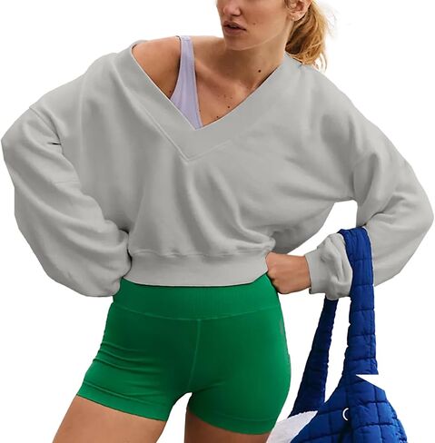 Women's Casual Sweatshirts V Neck Solid Color Long Sleeve Fleeze Sport Cropped Pullover 2024 Fall Out in Saudi Arabia