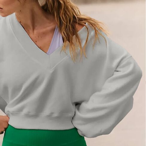 Women's Casual Sweatshirts V Neck Solid Color Long Sleeve Fleeze Sport Cropped Pullover 2024 Fall Out in Saudi Arabia