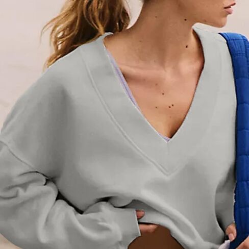 Women's Casual Sweatshirts V Neck Solid Color Long Sleeve Fleeze Sport Cropped Pullover 2024 Fall Out in Saudi Arabia
