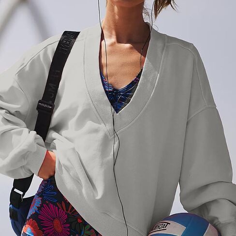 Women's Casual Sweatshirts V Neck Solid Color Long Sleeve Fleeze Sport Cropped Pullover 2024 Fall Out in Saudi Arabia