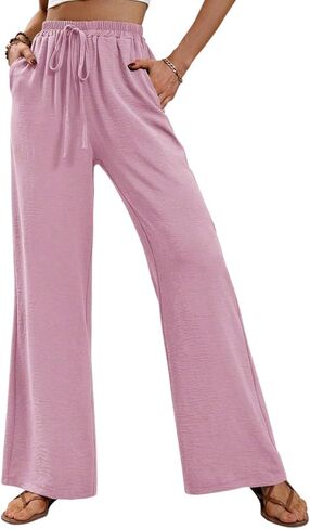 GUOLEZEEV Women Wide Leg Pants High Waisted Beach Pants Long Culottes Trendy Flowy Pants with Pockets in Kuwait