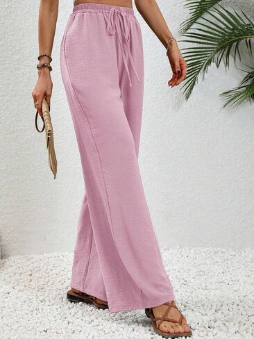 GUOLEZEEV Women Wide Leg Pants High Waisted Beach Pants Long Culottes Trendy Flowy Pants with Pockets in Kuwait