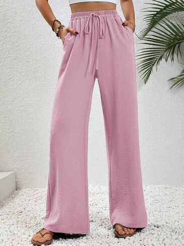 GUOLEZEEV Women Wide Leg Pants High Waisted Beach Pants Long Culottes Trendy Flowy Pants with Pockets in Kuwait