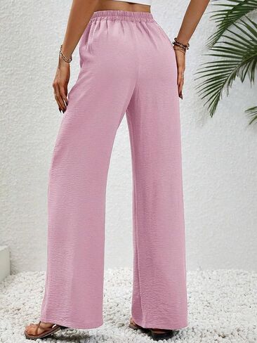 GUOLEZEEV Women Wide Leg Pants High Waisted Beach Pants Long Culottes Trendy Flowy Pants with Pockets in Kuwait