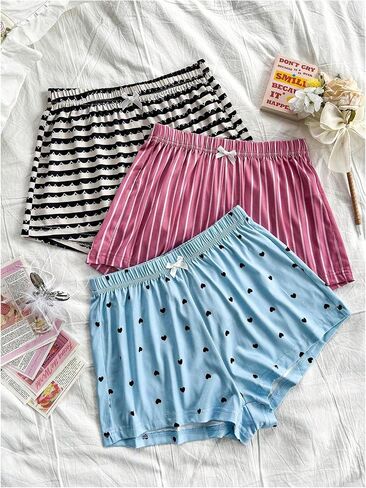 Milumia Women's 3 Pcs Pajama Sleep Bottoms Heart Striped Bow Front Lounge Shorts in Saudi Arabia