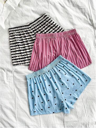 Milumia Women's 3 Pcs Pajama Sleep Bottoms Heart Striped Bow Front Lounge Shorts in Saudi Arabia