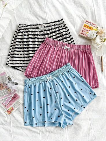 Milumia Women's 3 Pcs Pajama Sleep Bottoms Heart Striped Bow Front Lounge Shorts in Saudi Arabia