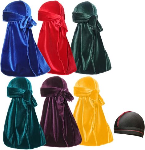 Velvet Durags for Men Wave Cap 6 Pieces Premium Do Rags Set for Men Women with Long Tail and Wide Strap in Kuwait