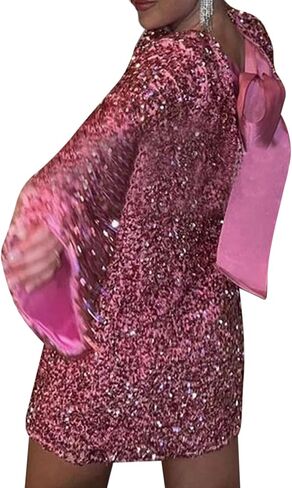 ANKOMINA Women's Sparkly Sequin Mini Dress Sexy Backless Bowknot Lace Up Long Sleeve Glitter Bodycon Party Club Dresses in Saudi Arabia
