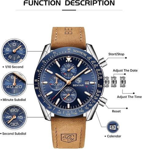 BY BENYAR Watch for Men Analog Quartz Chronograph Waterproof Luminous Designer Mens Wrist Watches Business Work Sport Casual Dress Watch with Silicone Strap Elegant Gifts for Men in Saudi Arabia
