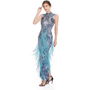 Sparkly Blue Rhinestone Maxi Dresses for Women Elegant Summer Birthday Sleeveless Long Prom Fringe Drag Queen Outfit